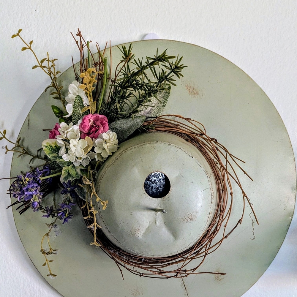 Metal Garden Bird Feeder with a green . Features pink, white, MultiColor flowers